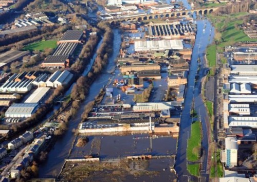 Aerial view of the floods along Kirkstall Road, Leeds